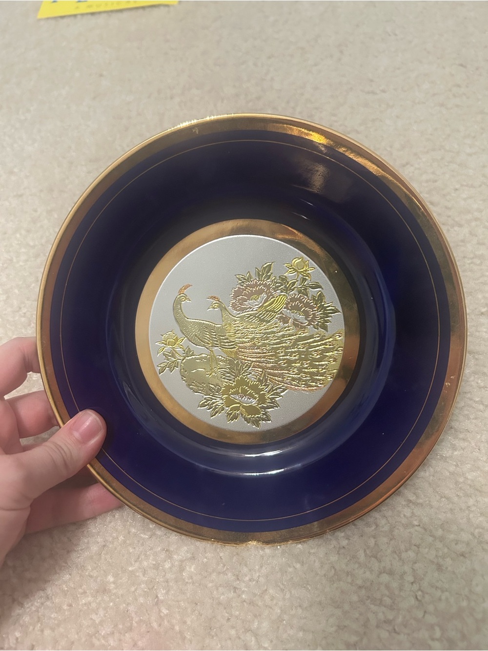 Chokin Japan 24k Gold Rim Plate Peacock Navy Blue And Gold Design